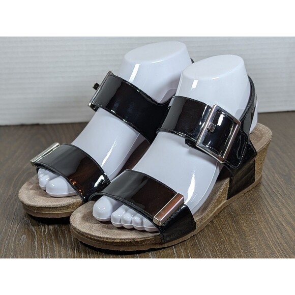 MEPHISTO Patent Leather Strap Sandals US 6.5-7 EU 37 Black Wedges Buckle Logo - Picture 1 of 14
